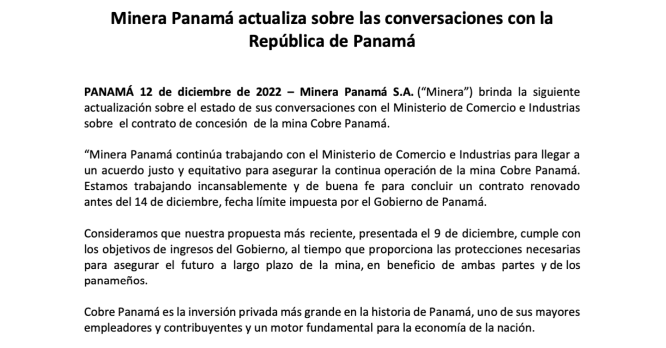 COMUNICADO - Minera Panamá actualiza sobre las conversaciones con la República de Panamá